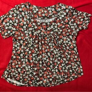 Floral Button-Front Short Sleeve Top - Black with Red & White Flowers